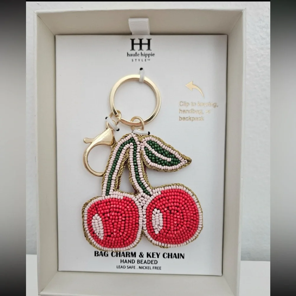 HAUTE HIPPIE STYLE Hand-Beaded Crafted Cherry Keychain Bag Purse Charm NEW NWT